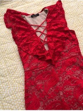 Sexy Red Lace Crisscross V-Neck Women’s Mini Dress Small